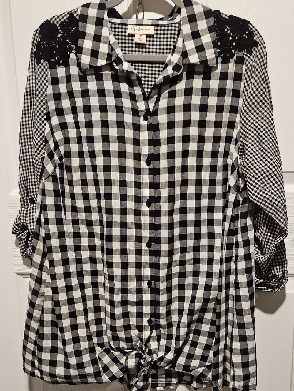 Style & Co. Black and White Gingham Button-Down Shirt with Crochet Shoulders